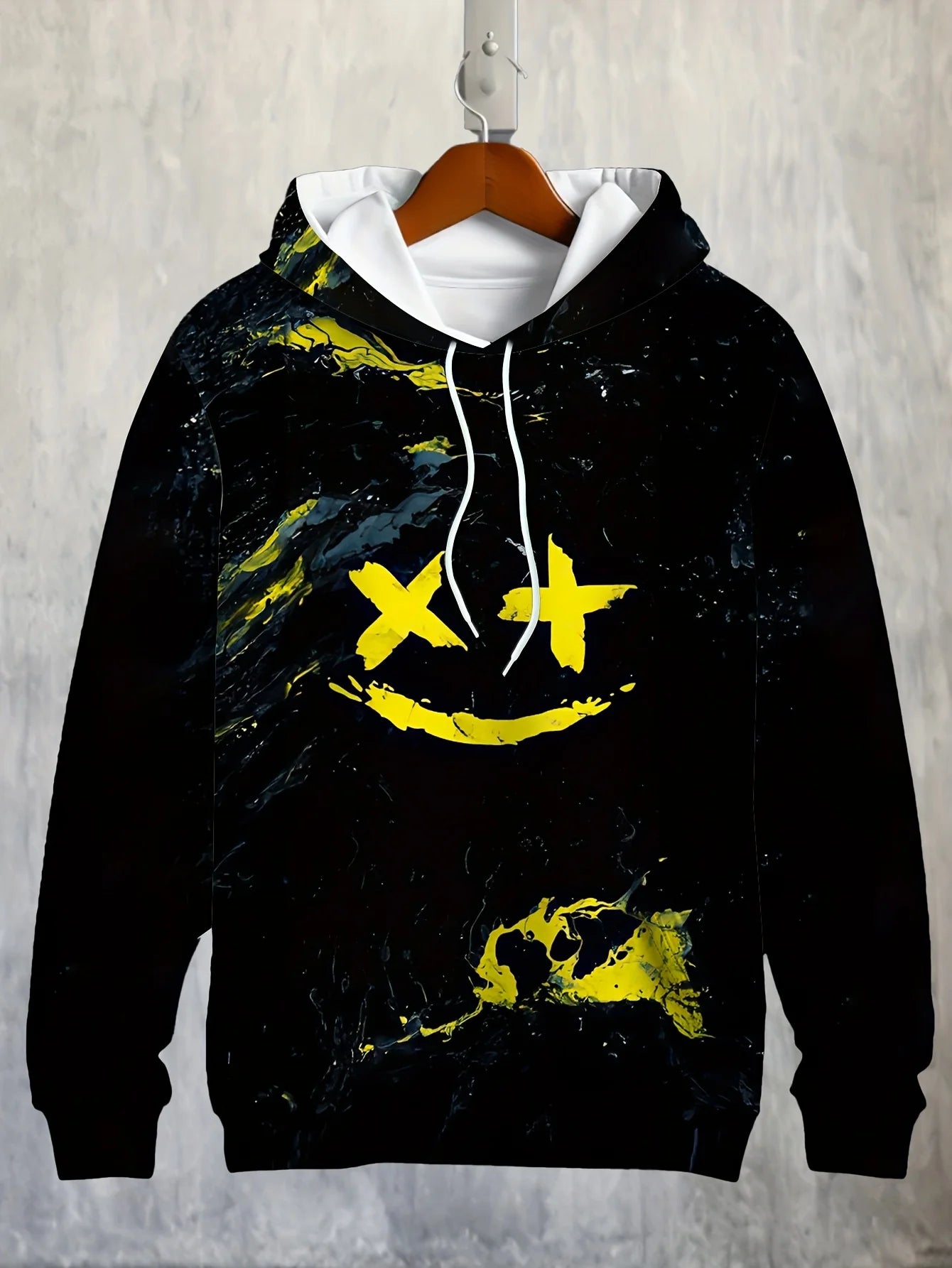 Versatile Trendy Men's Hoodie, Spring Autumn Smiley Graffiti Long Sleeve Sweatshirt with Unique Print and Pocket