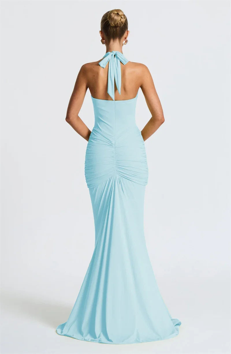 Suninbox Deep V Neck Backless Ruched Sexy Maxi Dress Women Gown Summer Halter Sleeveless Draped Club Party Long Dress 2025