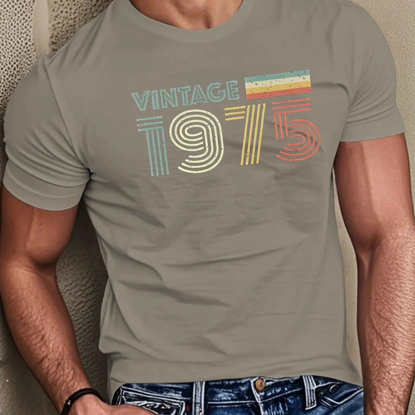 Men's summer 100% pure cotton fashionable casual loose vintage 1975 letter printed sports round neck short sleeved T-shirt top