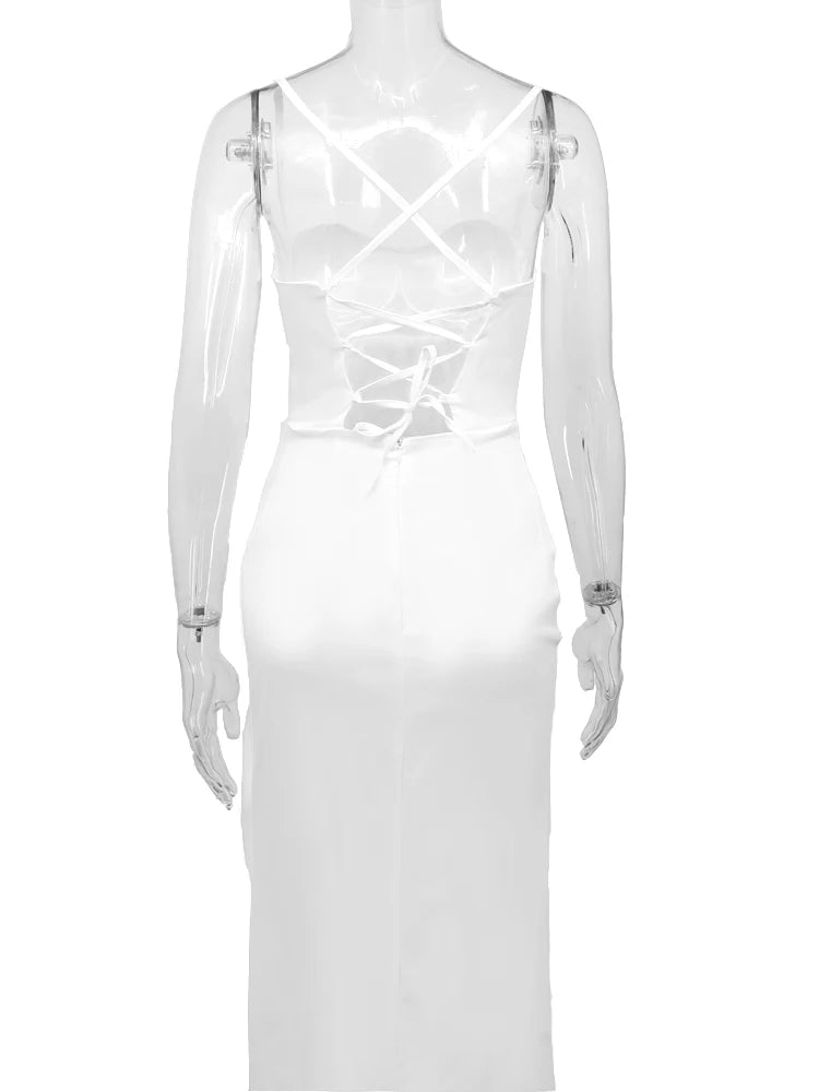 New Summer Prom Dress Women'S Sling Sleeveless Solid Color Dress One Word Neck Slim Fit Open Back Slit Red Sexy Dress