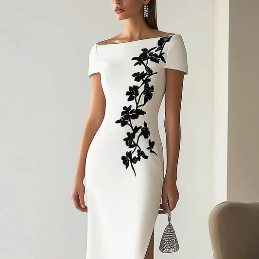 Elegant Floral Printed Women's Evening Dress Off-Shoulder Short Sleeve Slim Summer Dress High Waist Split Office Ladies Dresses