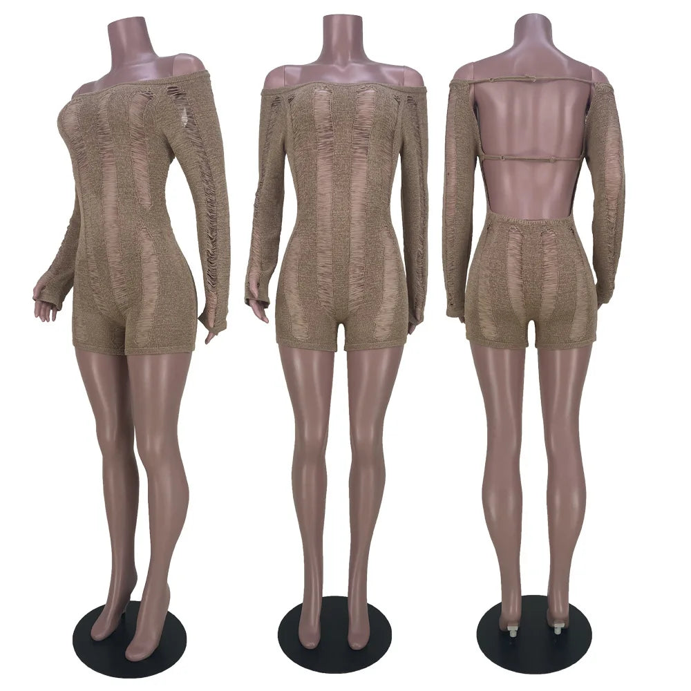 Leosoxs Rip Romper Women See Through Summer One Word Collar Backless Sexy Skinny Fitness Playsuit Activity Party Clubwear