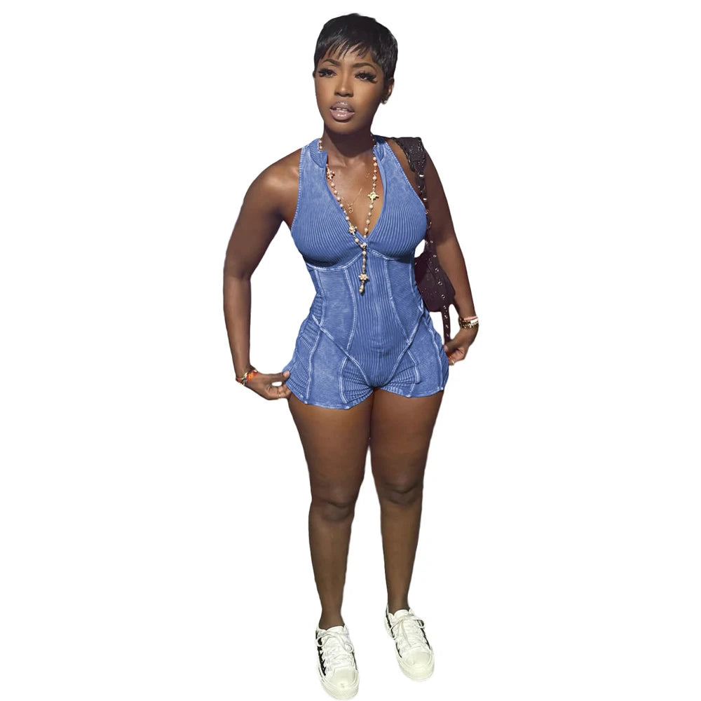 Women Ribbed 1 Piece Rompers 2025 Summer Casual Washed Retro Playsuits Street Clothes Sexy V Neck Sleeveless Bodycon Jumpsuits