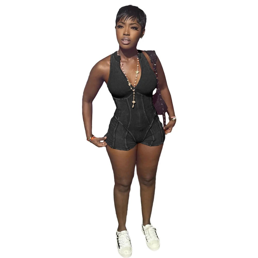 Women Ribbed 1 Piece Rompers 2025 Summer Casual Washed Retro Playsuits Street Clothes Sexy V Neck Sleeveless Bodycon Jumpsuits
