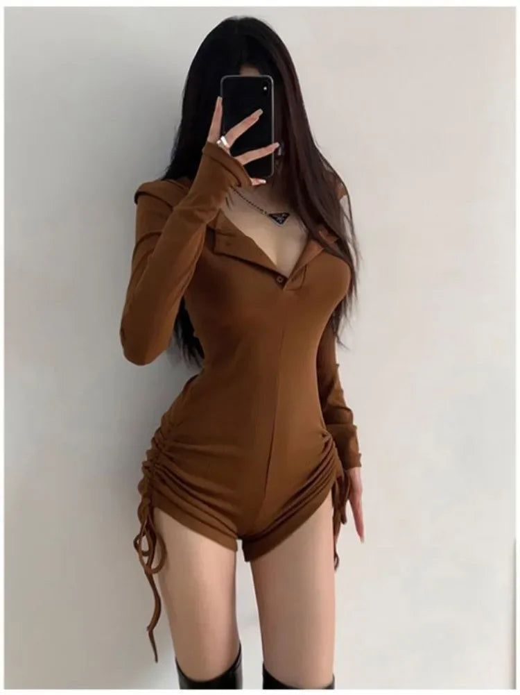 New Women Sexy Wasteland Style Hooded Rompers Spring Summer Solid Color Thin Long Sleeve Drawstring Shorts Spicy Girl Jumpsuit