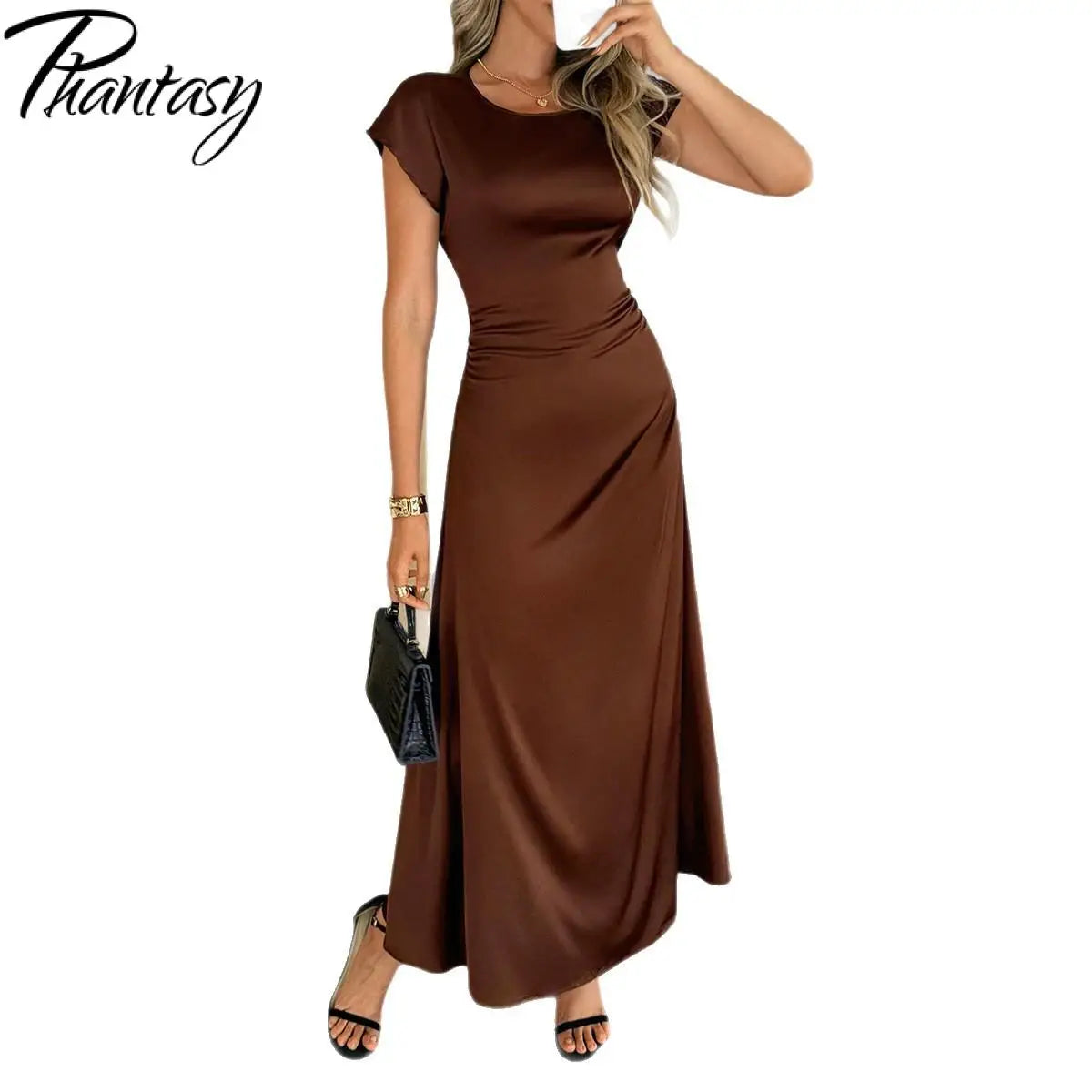Phantasy Elegant Temperament Dresses Fashion Short Sleeved Solid Color Casual Long Skirt Slim Fit Long Dress Female Clothing ﻿