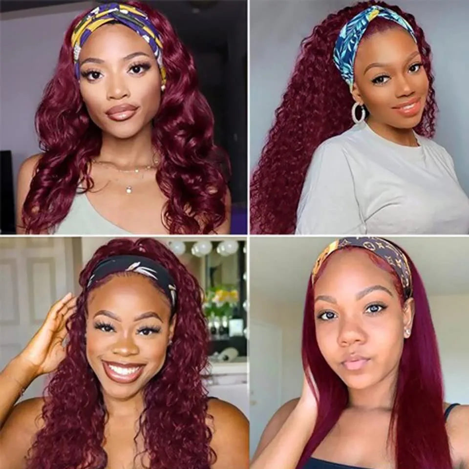 99J Burgundy Headband Wig Human Hair Deep Wave Headband Wigs Red Wine Water Wave Half Wigs Human Hair Wigs for Black Women