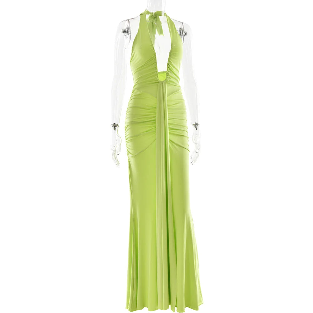 Suninbox Deep V Neck Backless Ruched Sexy Maxi Dress Women Gown Summer Halter Sleeveless Draped Club Party Long Dress 2025