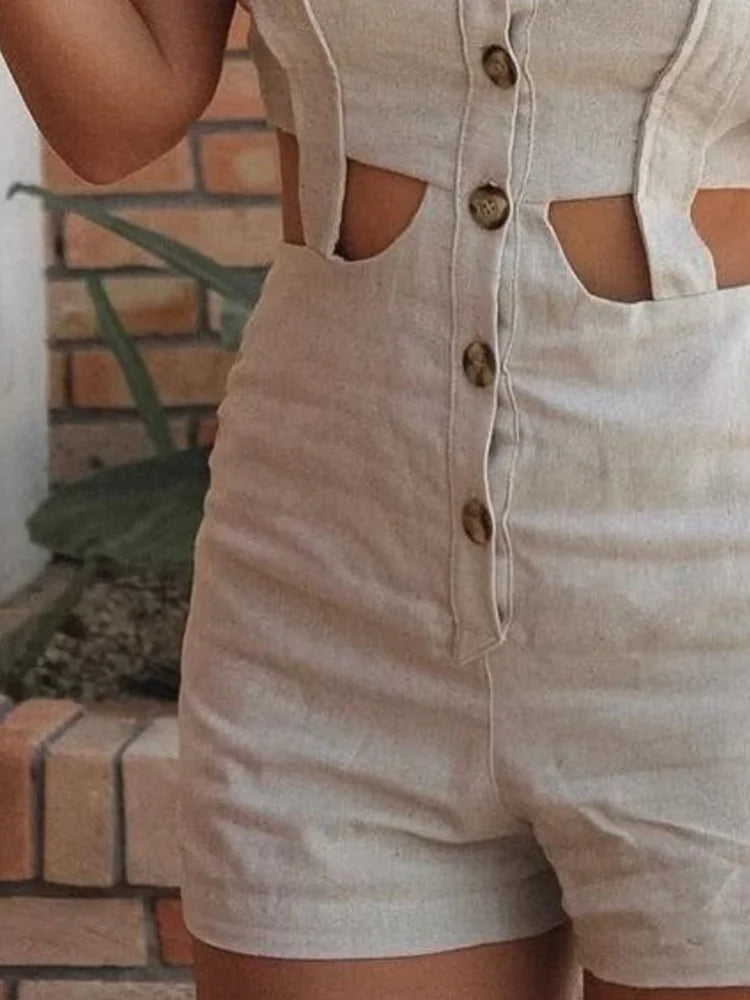 Women Rompers Sexy Elegant Waist Hollow Out Sleeveless Single-breasted Ruffled Short Rompers Ladies Jumpsuit Streetwear
