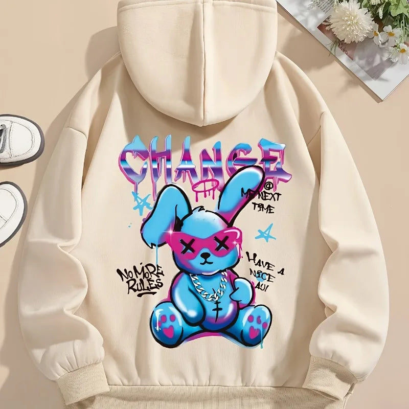 Rabbit print hoodie drawstring casual hooded sweatshirt men and women street style hoodie top