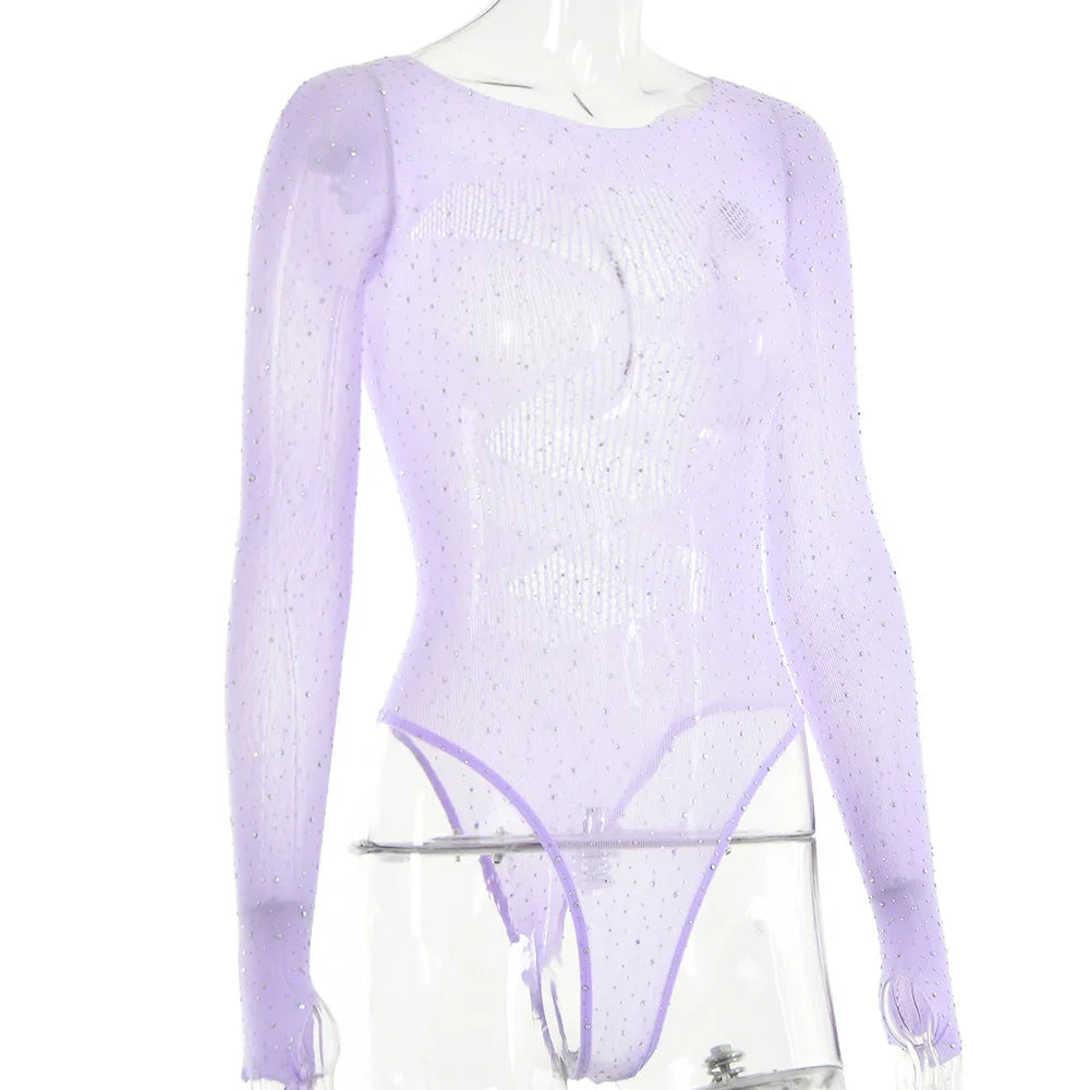 Long sleeve bodysuits sexy Summer outfit body suits women y2k clothes black bodysuit knitted rhinestone body suits seethrough