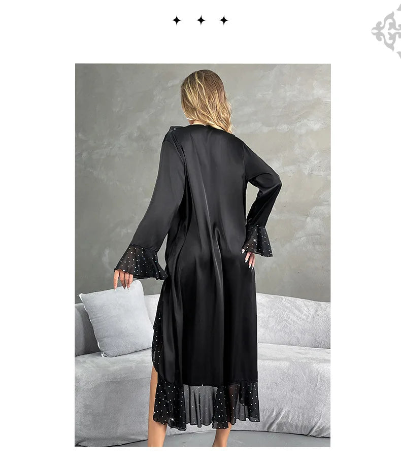 Ladies New Fashion V-neck Long-sleeved Sequined Pajamas Female Satin Nightgown Home Clothes Pijamas Women
