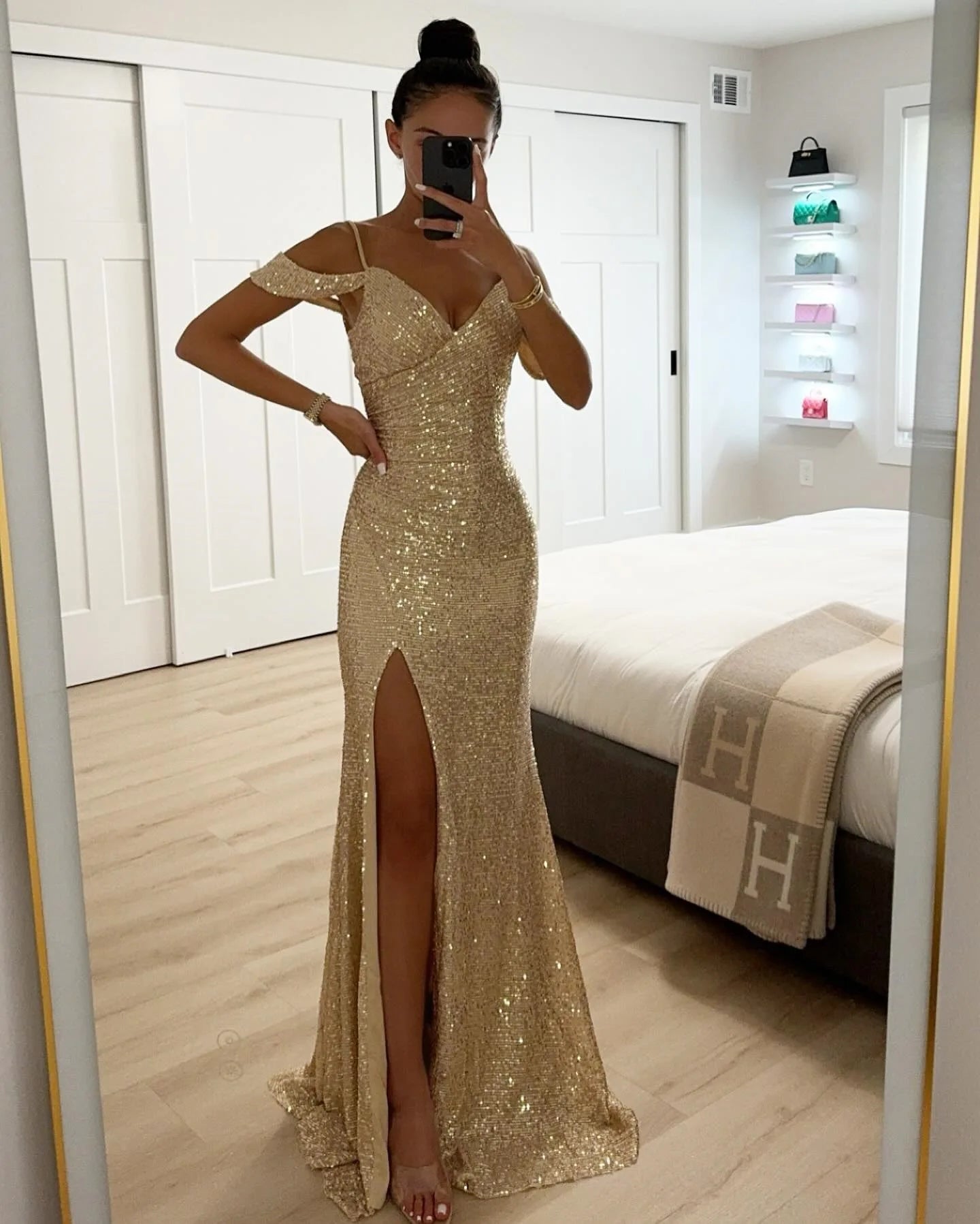 Ladies Fashion V Neck Shiny Sequin Party Dress Elegant Wrap Chest Slim Long Dress 2025 Casual Solid Color Split Evening Dresses