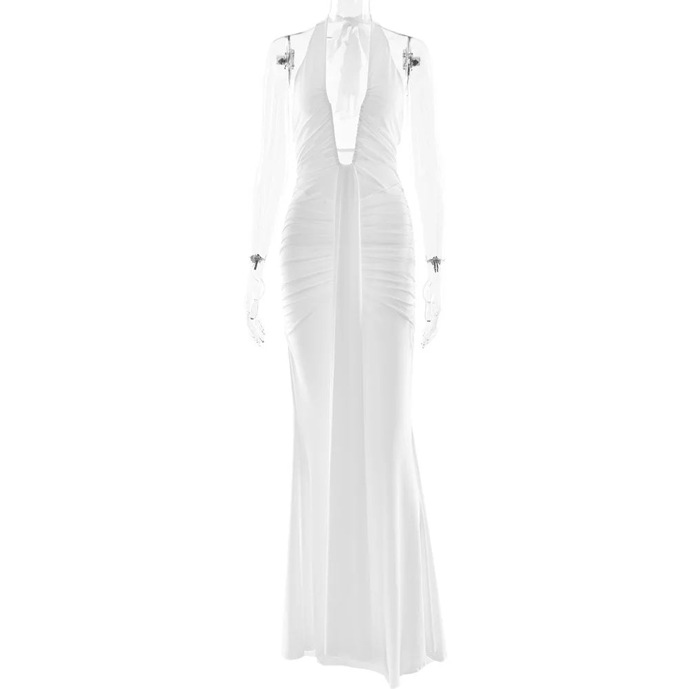 Suninbox Deep V Neck Backless Ruched Sexy Maxi Dress Women Gown Summer Halter Sleeveless Draped Club Party Long Dress 2025