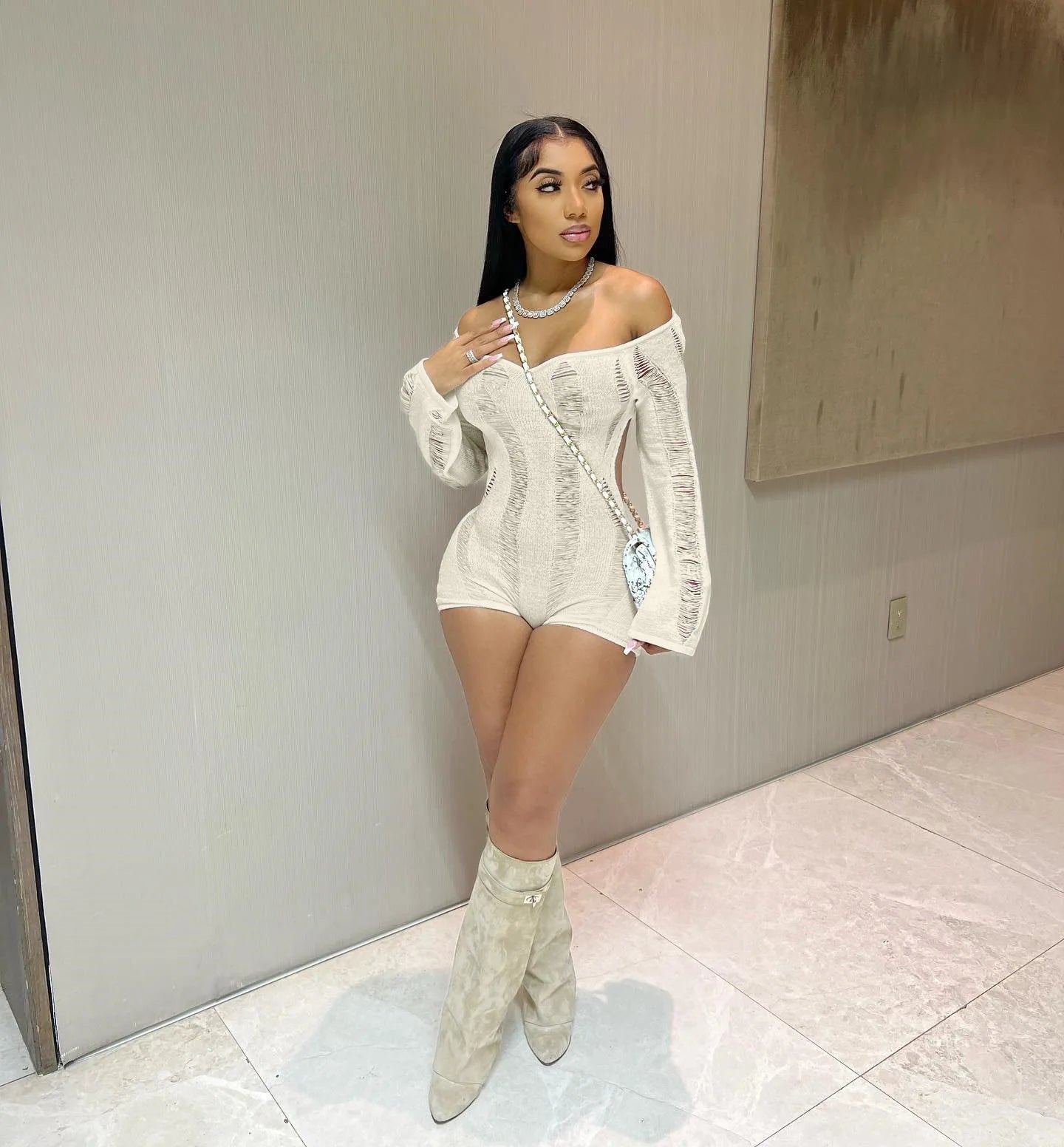 Leosoxs Rip Romper Women See Through Summer One Word Collar Backless Sexy Skinny Fitness Playsuit Activity Party Clubwear