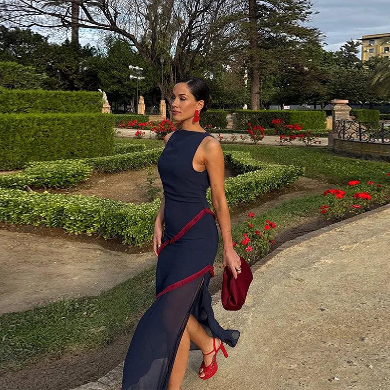 Elegant See Through Spliced Maxi Dress  O Neck Sleeveless Party Robes Tassel Side Hem Fork Vestidos 2025 New Lady Club Dresses