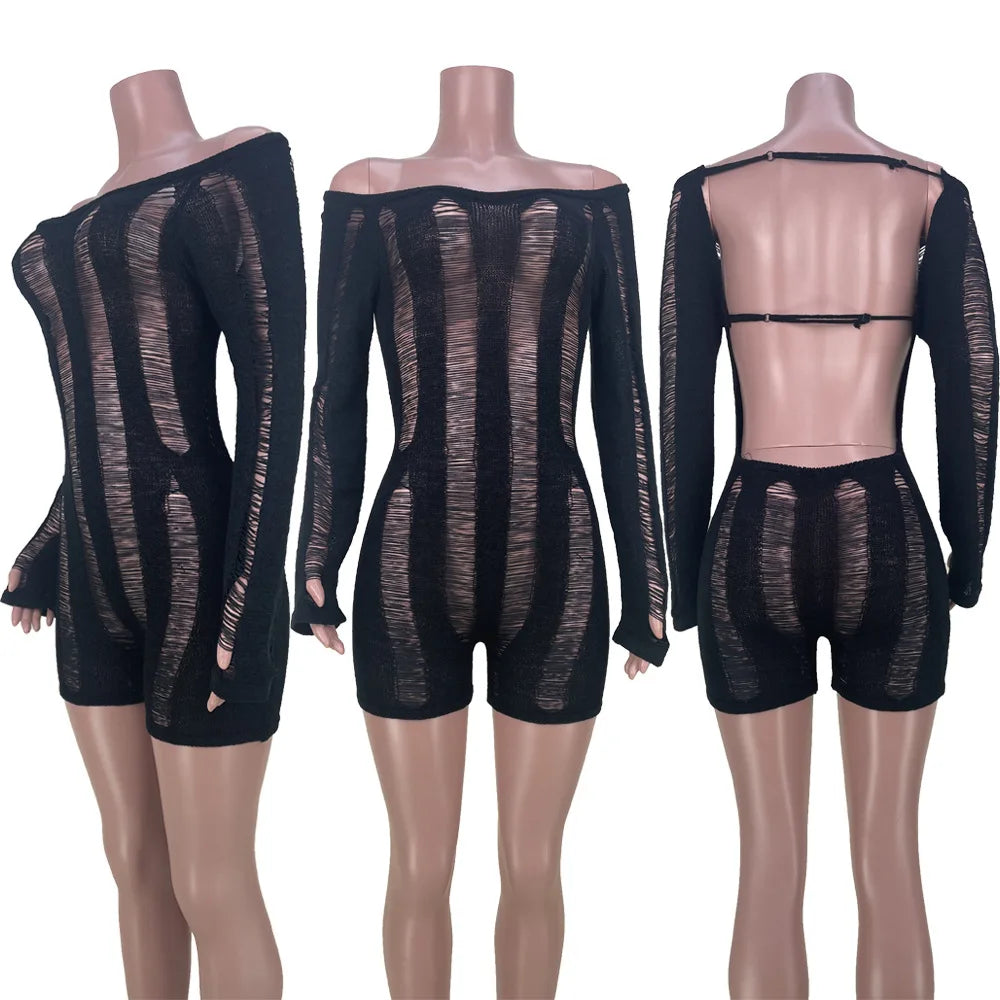 Leosoxs Rip Romper Women See Through Summer One Word Collar Backless Sexy Skinny Fitness Playsuit Activity Party Clubwear